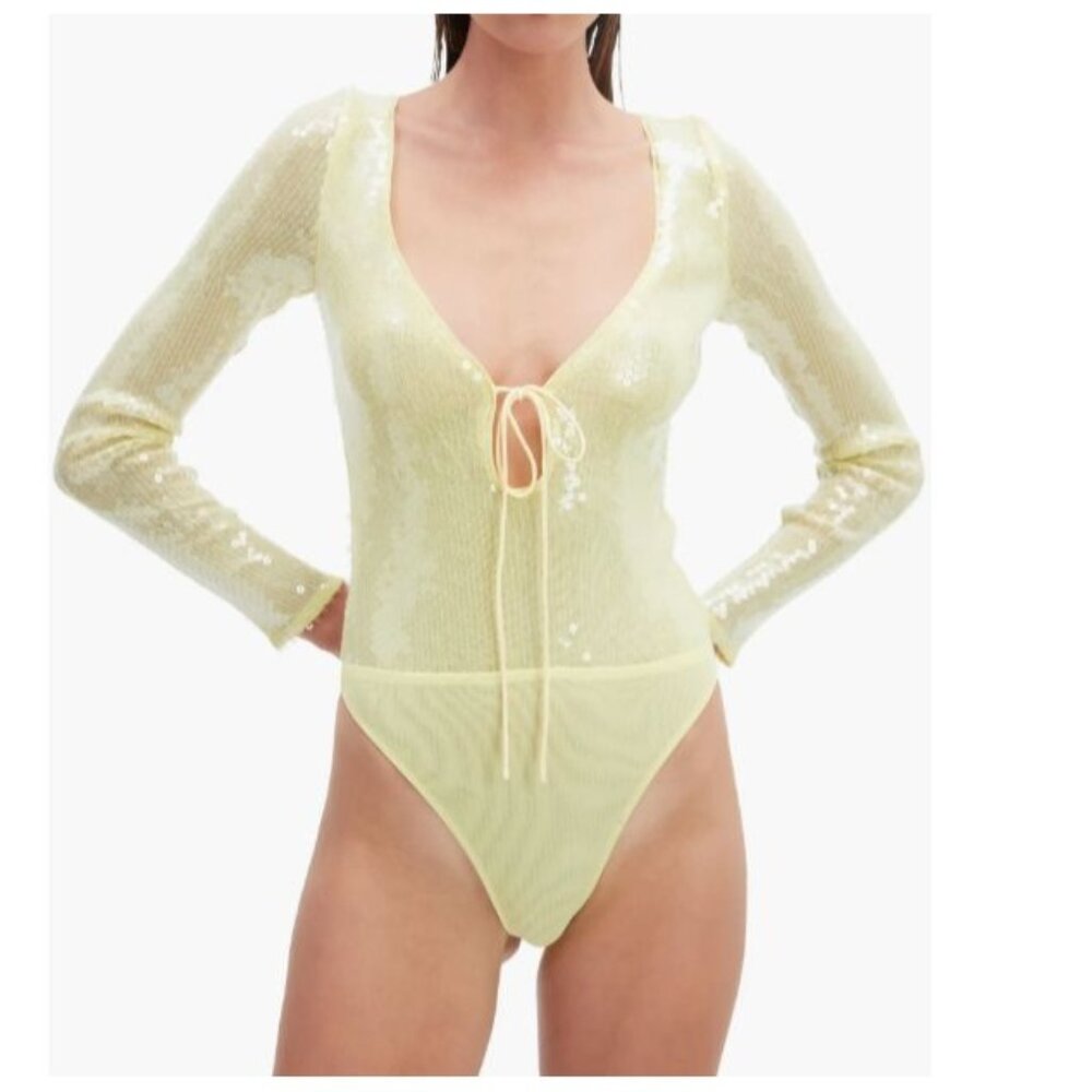 Bardot Revolve NEW Verona Sequin Bodysuit Canary Yellow Size XS / US 2 Party